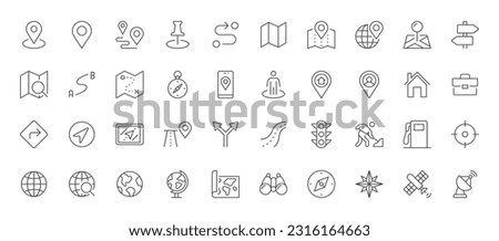 Navigation line icons set. Road trip path, trail, home marker, journey, compass, globe, country, geography, tourism visualization vector illustration. Outline signs of location. Editable Stroke Royalty-Free Stock Photo #2316164663