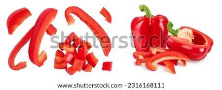 slices of red sweet bell pepper isolated on white background. Top view. Flat lay Royalty-Free Stock Photo #2316168111