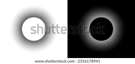 Halftone round as icon or background. Abstract vector circle frame with dots as logo or emblem. Black shape on a white background and the same white shape on the black side. Royalty-Free Stock Photo #2316178941