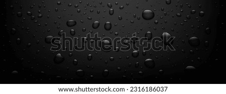 Rain water drop bubble vector background. Condensation water drops on black glass background. Abstract wet texture, rain water drop pattern. Vector illustration