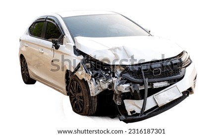 Front and side of white car get damaged by accident on the road. damaged cars after collision. isolated on white background with clipping path Royalty-Free Stock Photo #2316187301