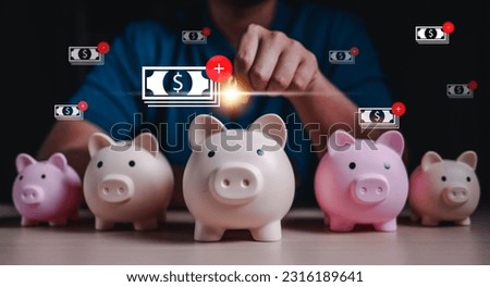 piggybank, financial, banking, finance, investment, currency, profit, money, wealth, banknote. insert coin into piggybank to saving after that banknote hud is growth. wealth finance investment profit.