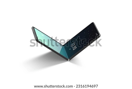 Turned on flexible chamshell phone display half folded mockup, isolated, 3d rendering. Empty innovation book smartphone with splash screen mock up. Clear flip arched gadget template. 3D Illustration