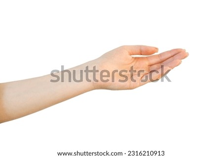 A woman's hand is outstretched palm up, isolated on a white background. A fair-skinned woman's hand with copy space for advertising and collages