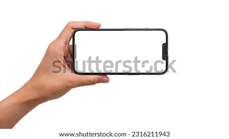 Hand holding smart phone 13 pro max Mockup Clipping Path and screen Transparent isolated 