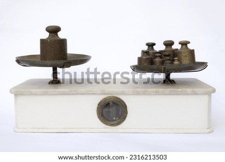 Brass wood and marble plate scale with weights 