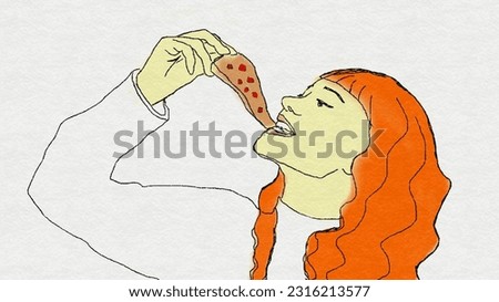 Girl eating pizza - plate with pieces of pizza. Continuous line of woman eating pizza. Italian food, snack. Restaurant concept.