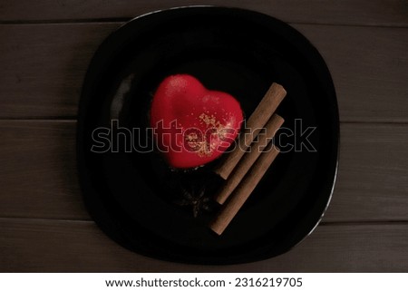 Heart-shaped red cake on a plate, heart background, sweet pastries, romantic pictures