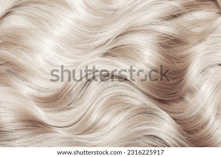 Blond hair close-up as a background. Women's long blonde hair. Beautifully styled wavy shiny curls. Hair coloring. Hairdressing procedures, extension. White hair Royalty-Free Stock Photo #2316225917