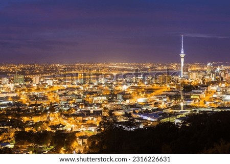 Night view and illuminated Sky Tower from Mount Eden in Auckland, New Zealand Royalty-Free Stock Photo #2316226631