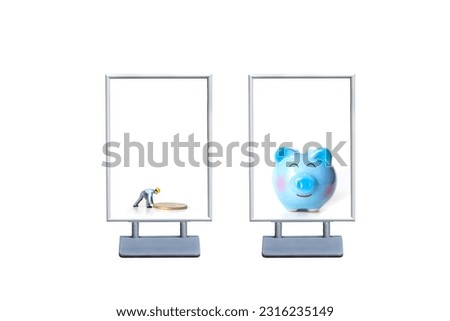 miniature worker and piggy bank in billboard perspective view for advertisement isolated on white.