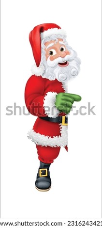 Cartoon Santa Claus or Father Christmas peeking around a sign and pointing