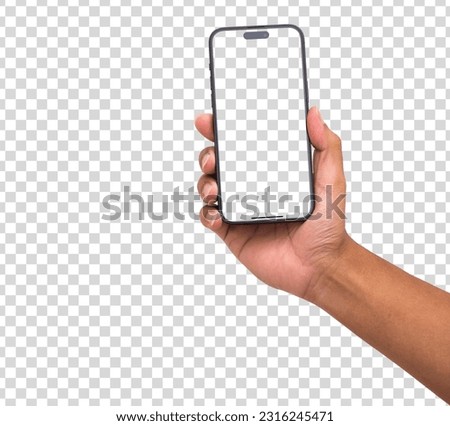 Hand holding iphone with smartphone blank screen and modern frameless , hold Mobile phone on transparent background Ideal for marketing 