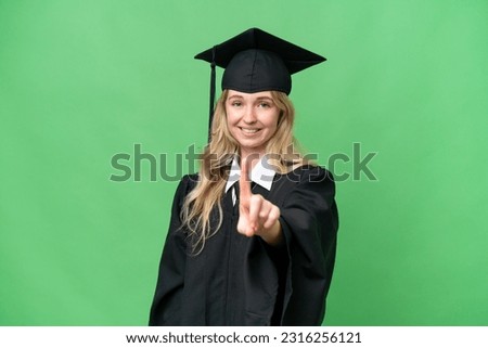 Young university English graduate woman over isolated background showing and lifting a finger