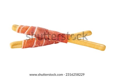 grissini or breadsticks with parma ham prosciutto isolated on white background. breadsticks with prosciutto isolated . Royalty-Free Stock Photo #2316258229