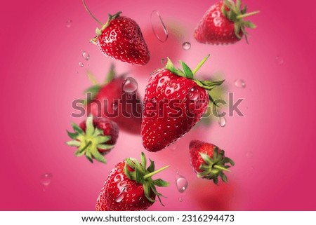 fresh strawberries in bulk with water drops in the air. food levitation. Royalty-Free Stock Photo #2316294473