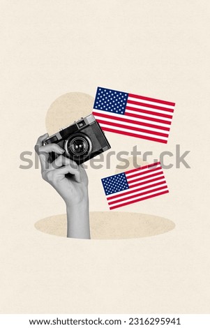 Vertical collage picture of black white gamma arm hold photo camera national usa flag isolated on drawing background