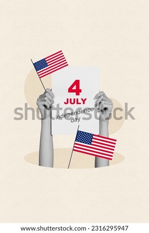 Vertical collage picture of black white gamma arms hold 4 july independence day poster usa national flag isolated on creative background