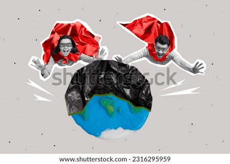 Two superheroes save world collage picture support clean ecosystem polyethylene pollute world climate changing isolated on grey background
