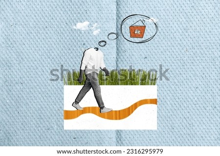 Photo collage artwork minimal picture of headless guy walking dreaming new home isolated graphical background
