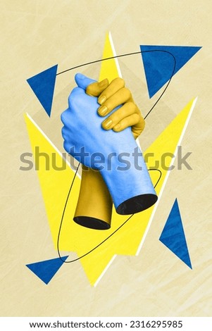 Comics sketch collage picture of arms handshaking blue yellow ukrainian colors isolated creative background