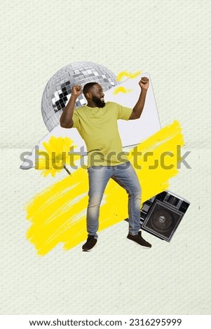Vertical collage picture of overjoyed carefree guy dancing disco ball boombox fresh flower isolated on paper background