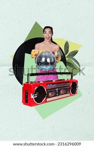 Collage artwork graphics picture of funky excited lady listening vinyl music holding disco ball isolated painting background