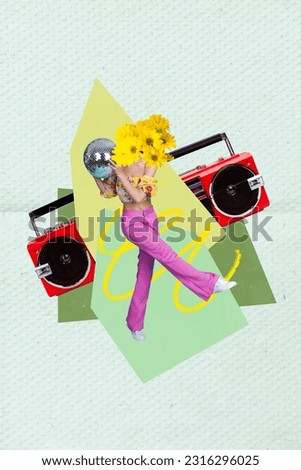 Photo collage artwork minimal picture of cool funky lady flower head having fun vintage style party isolated creative background