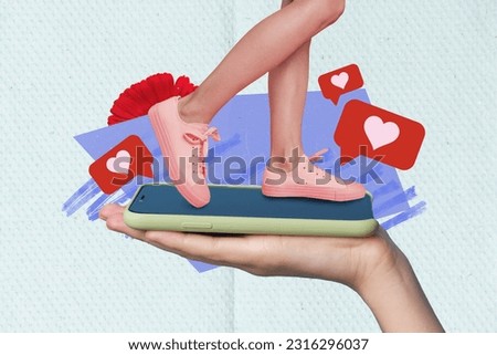Artwork collage image of arm palm hold smart phone display mini girl legs walk like notification flower isolated on creative paper background