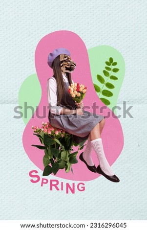 Vertical collage picture of elegant clothes leopard head girl hands hold bouquet fresh tulip flowers isolated on paper spring background