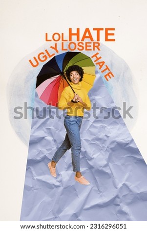 Vertical collage image of cheerful girl walking hold umbrella cover protect loser ugly lol hate words isolated on white paper background
