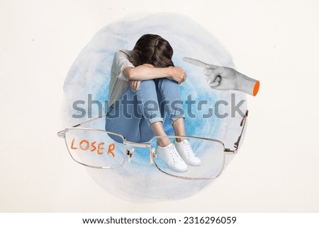 Creative collage picture of black white colors arm point finger abuse mini stressed girl big glasses loser isolated on white background