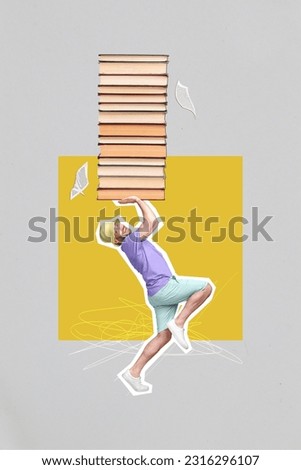 Vertical creative collage image of funny young man hold carry heavy pile books reading novels stories summer vacation enjoy sales travel