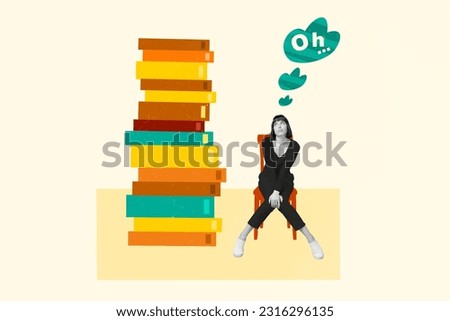 Artwork 3d sketch pop collage image of tired sad woman sitting chair preparing for final exam read many books white painted background