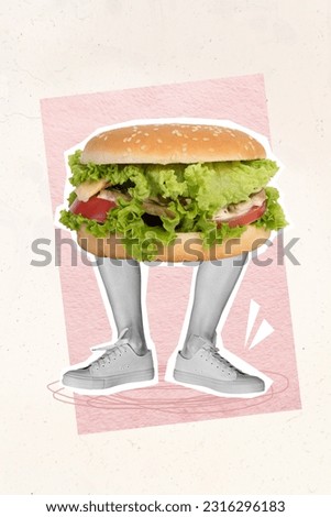 Vertical collage picture of burger stand black white human legs shoes isolated on painted creative background