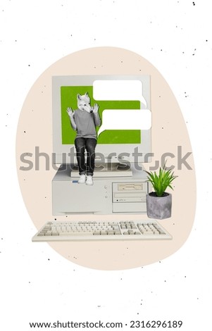 Vertical photo collage of headless wolf animal surreal hands up scared online messenger comment monitor pc sms isolated on beige background