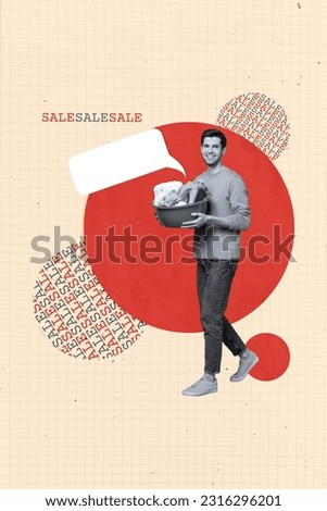 Sketch collage template artwork illustration of positive hardworking man carry bucket fresh laundry announce say sale store center