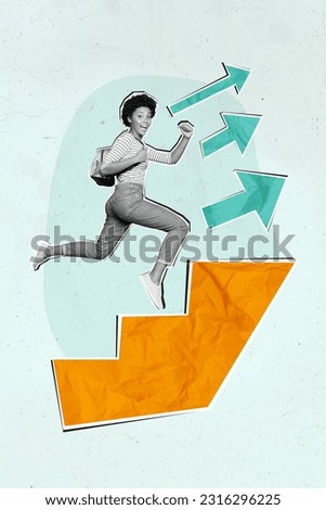 Vertical collage picture of black white colors girl run climb stairs arrow pointers upwards isolated on creative background