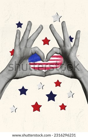 Vertical collage image of black white colors arms fingers demonstrate heart gesture american national flag stars isolated on drawing background