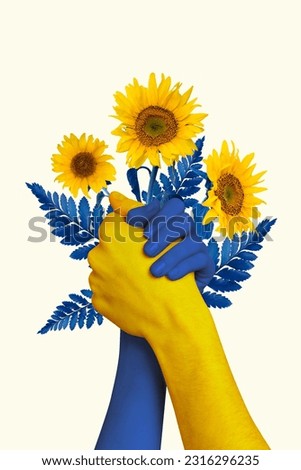 Vertical collage image of two yellow blue arms handshake plant leaves sunflower solidarity with ukraine isolated on white background