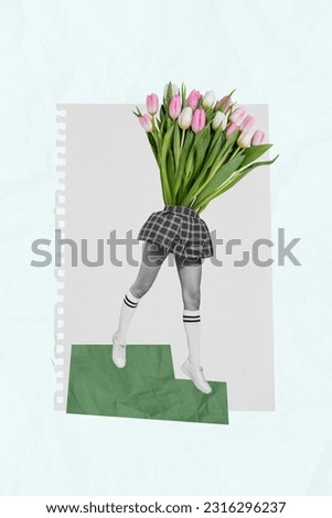 Template drawing painting collage of bizarre person with flower bunch body tulips postcard for 8 march event