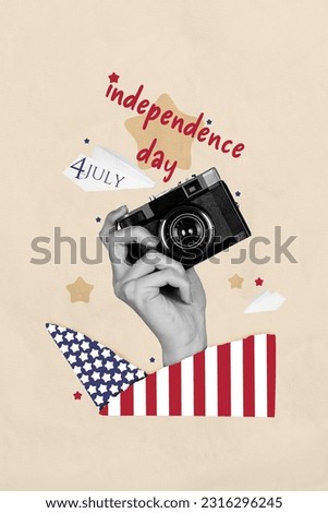 Vertical creative abstract photo collage of large arm hold retro camera making photo on independence day isolated beige color background