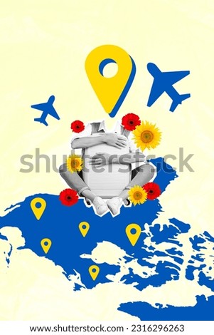 Creative abstract template graphics collage image of headless person traveling europe isolated beige color background