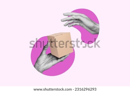 Template advert collage of two hands people shopper consumer deliver receive order box fast delivery concept Royalty-Free Stock Photo #2316296293