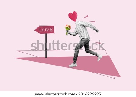 Photo banner collage illustration of headless man sympathy relationships running direction pointer find love isolated on pink background