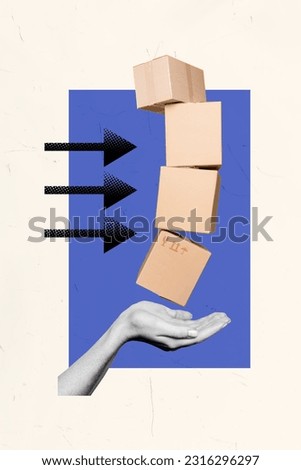 Vertical collage image of black white effect arms palms catch pile stack carton box arrow pointers isolated on creative background
