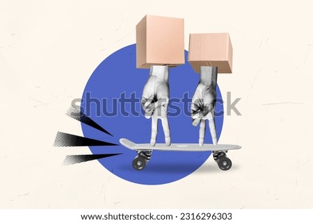 Poster image sketch caricature collage of human arm finger standing skateboard fast order delivery isolated on white color background