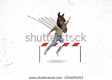 Photo banner collage of running jumping barrier fist up solve problems easily headless horse animal face isolated on white background