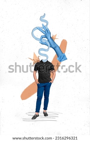 Vertical collage image of blue big arm hold connect string instead mini guy head paper origami swan isolated on white background