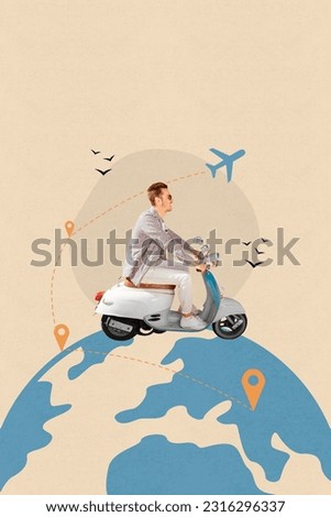 Composite collage picture image of young cool handsome man riding scooter motorcycle planet earth traveler trip fantasy billboard comics